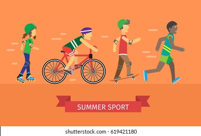 Summer sport banner. Group of people in sports uniforms riding a bike, roller skating, skateboarding and running outdoors. Summer vacation, leisure activities. Vector illustration on orange background
