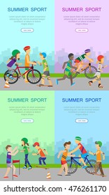 Summer sport banners set. Children going in for sport. Teenagers on playground of the city. Boy skateboarding, roller skate, guy with bike and runner. Active way of life concept. Sportive kids. Vector