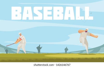 Summer sport baseball composition with outdoor stadium background and doodle characters of ballplayers on ball field vector illustration