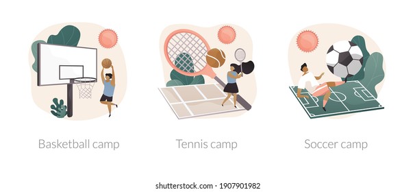 Summer sport camp abstract concept vector illustration set. Basketball, tennis and soccer camp for children, active vacation, kids playing, youth sport program, physical activity abstract metaphor.