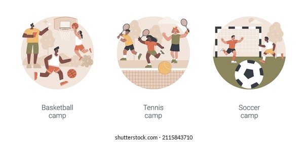 Summer sport camp abstract concept vector illustration set. Basketball, tennis and soccer camp for children, active vacation, kids playing, youth sport program, physical activity abstract metaphor.