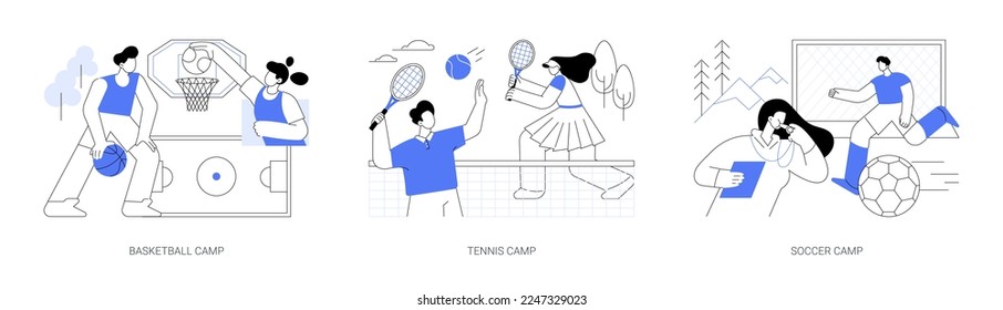 Juego de ilustraciones vectoriales abstractas del campamento deportivo de verano. Baloncesto, tenis y campo de fútbol para niños, vacaciones activas, juegos para niños, programa de deporte juvenil, actividad física metáfora abstracta.