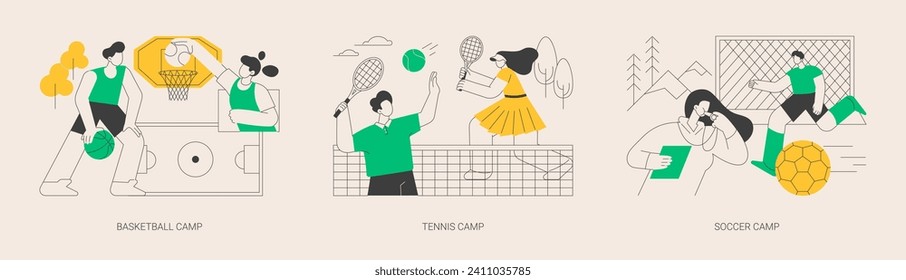 Summer sport camp abstract concept vector illustration set. Basketball, tennis and soccer camp for children, active vacation, kids playing, youth sport program, physical activity abstract metaphor.