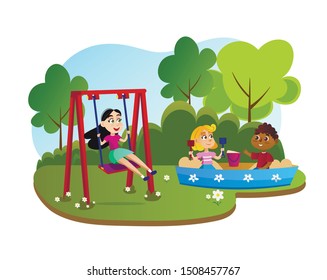 Summer Sport Camp for Children Cartoon Flat Vector Illustration. Kids Playing on Playground Outside. Entertainment. Girls Riding on Swing, Friends Playing Together in Sand Pit with Bucket and Shovel.