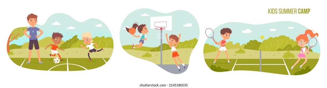 Summer Sport Camp For Children Set Vector Illustration. Cartoon School Team Of Happy Boys And Girls Play Tennis, Soccer And Basketball Games, Group Of Kids And Coach Training. Sport Academy Concept