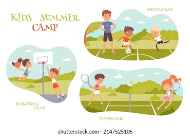 Summer Sport Camp For Children Set Vector Illustration. Cartoon School Team Of Happy Boys And Girls Play Tennis, Soccer And Basketball Games, Group Of Kids And Coach Training. Sport Academy Concept
