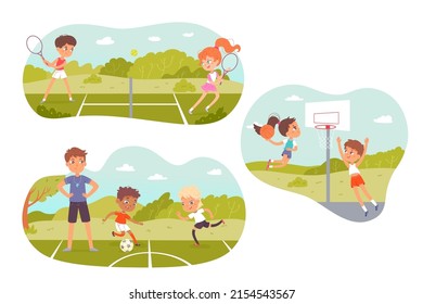 Summer Sport Camp For Children Set Vector Illustration. Cartoon School Team Of Happy Boys And Girls Play Tennis, Soccer And Basketball Games, Group Of Kids And Coach Training. Sport Academy Concept