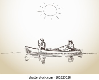 Summer sport canoe with two people Vector sketch