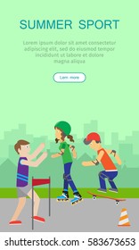 Summer sport. Children going in for sport web banner. Teenagers play in the city. Skyscrapers silhouettes. Boy skateboarding, girl roller skating and guy wins jogging race. Active way of life. Vector