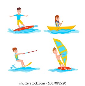 Summer sport collection set of activities, katesurfing and surfing, boating and windsurfing, vector illustration, isolated on white