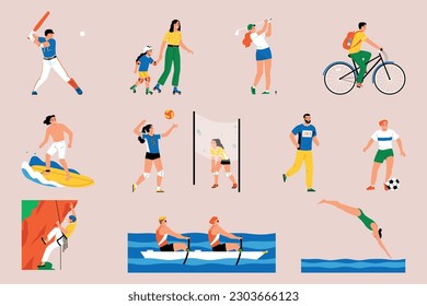 Summer sport color set with isolated icons of athletes in uniform and ordinary people doing sports vector illustration