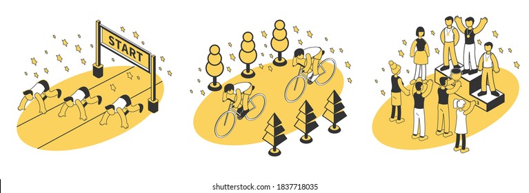 Summer sport composition set with running and cycling competitions and awarded winners 3d isolated vector illustration