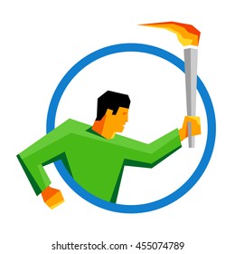 Summer sport games athlete torch bearer in the blue ring flat line icon.