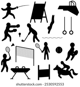 Summer sport games. Silhouette. Vector illustration collection. Rugby, horse riding, diving, fencing, horse. Set of sport games. Outline on isolated background. Group of sport icons. 