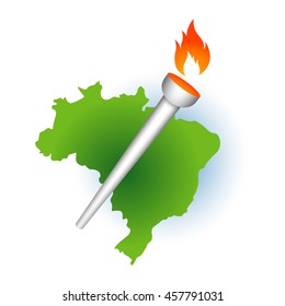 Summer sport games torch with Brazil map flame. Green laurel leaves around blue year number. Original abstract colorful athlete vector badge concept.