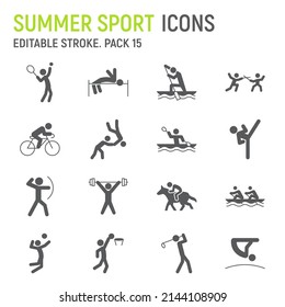 Sommersportglyph-Icon-Set, SportsSpiele-Kollektion, Vektorgrafiken, Logo-Illustrationen, Sommersport-Vektorsymbole, Fitness-Zeichen, feste Piktogramme, bearbeitbarer Schlaganfall