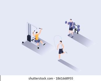 Summer sport gym workout vector 3D isometric concept: group of men lifting weights at gym