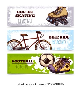 Summer sport horizontal banners set with hand drawn bicycle and football ball isolated vector illustration