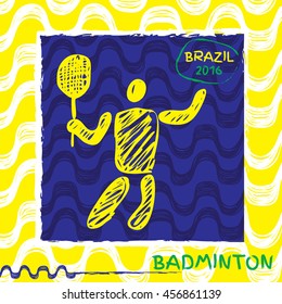 Summer sport icon pictogram. Icons  with Ipanema pattern. Vector hand drawn Illustration badminton sport icon. Brazil 2016
