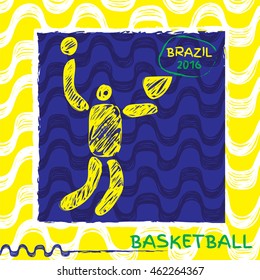 Summer sport icon pictogram. Icons  with Ipanema pattern. Vector hand drawn. Basketball sport icon. Brazil 2016