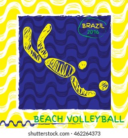 Summer sport icon pictogram. Icons  with Ipanema pattern. Vector hand drawn Illustration Beach volleyball sport icon. Brazil 2016