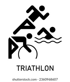 Summer sport icon. Vector isolated pictogram on white background with the names of sports disciplines. Games and sport. Triathlon. Bicycling. Running. Swimming