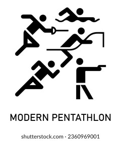 Summer sport icon. Vector isolated pictogram on white background with the names of sports disciplines. Games and sport. Modern pentathlon. Fencing, running, shooting, riding, swimming.