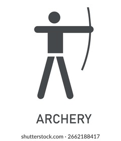 Ícone de esporte de verão. Pictograma isolado vetorial sobre fundo branco com os nomes das disciplinas desportivas. Jogos e esporte. Tiro com arco