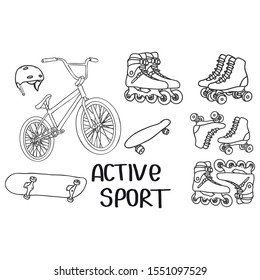Summer sport icons set. Elements pack with bmx bicycle, helmet, skateboard, and rollers. Outline objects isolated on white background.