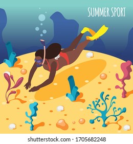 Summer sport isometric background with female scuba diver observing marine underwater life vector illustration