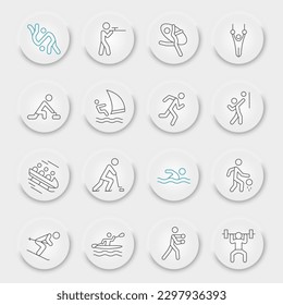 Summer sport line icon set, sport symbols collection, vector sketches, neumorphic UI UX buttons, sportsman signs linear pictograms package isolated on white background, eps 10.