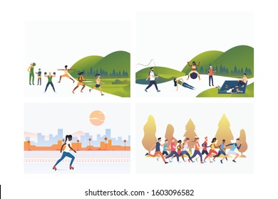 Summer sport set. Athletes doing yoga, running marathon, roller skating. Flat vector illustrations. Lifestyle, outdoor activity concept for banner, website design or landing web page