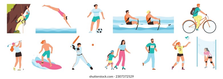 Juego deportivo de verano con símbolos recreativos al aire libre ilustración vectorial aislada plana