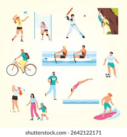 Summer sport set with outdoor recreation symbols flat isolated vector illustration workout cartoon holiday field leisure tennis season energy
