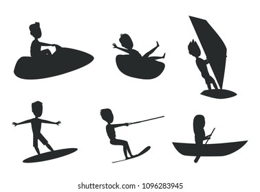 Summer sport set of silhouettes, donut ride and boating, kitesurfing or windsurfing, surfboard for water activity flat vector illustration isolated.