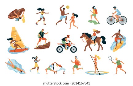 Summer sport set of surfing windsurfing hiking horseback riding volleyball badminton motocross biking isolated icons flat vector  illustration