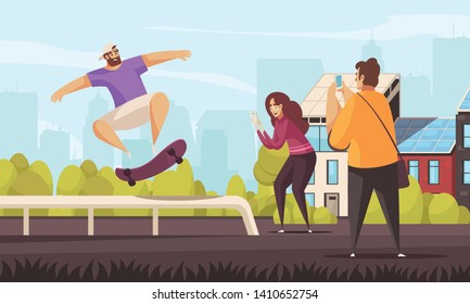 Summer sport skateboard composition with outdoor cityscape background and doodle style stunting skateboarder character with people vector illustration