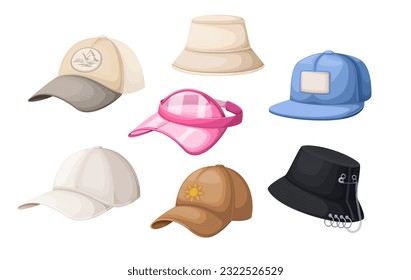 Summer sport and travel hats set vector illustration. Cartoon isolated fashion collection with cotton unisex panama, bucket hat, baseball and golf cap with mesh, plastic visor cap for women and men