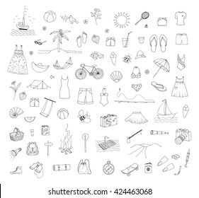 Summer, sport, travel vector freehand illustrations set.