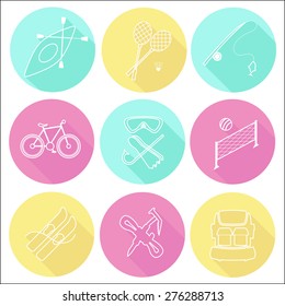 Summer sport vacation icons set, flat design with long shadows