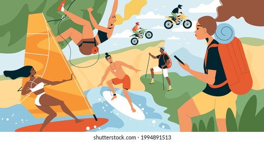 Summer sport vector illustration with people on wind surfing board participating in motocross and hiking with backpack