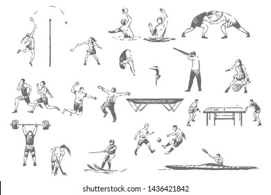 Summer sportive activities concept sketch. Professional sport, tennis, water polo, freestyle wrestling, gymnastics, handball, ping pong, football, competitive games set. Isolated vector illustration