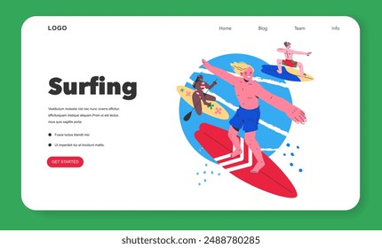 Summer Sports Activities concept. Characters enjoying surfing in colorful sea waves. Outdoor beach recreation and healthy lifestyle. Vector illustration.
