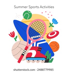 Concepto de actividades deportivas de verano. Colección de equipos para tenis, baloncesto y patinaje sobre ruedas. Ilustración vectorial recreativa al aire libre.