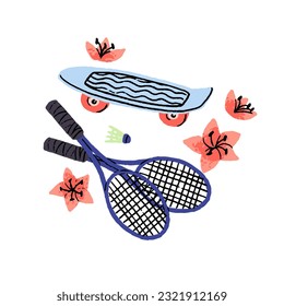 Summer sports and activities concept. Skateboard and badminton racket, shuttlecock for active holiday, summertime vacation, leisure time. Flat vector illustration isolated on white background