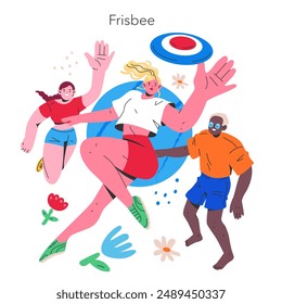 Concepto de actividades deportivas de verano. Tres amigos disfrutando de un animado juego de frisbee en un día soleado, capturando la esencia de la diversión al aire libre. Ilustración vectorial.