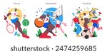 Summer Sports Activities set. Dynamic illustrations of tennis, basketball, and football players in action. Expressive athletic moments captured in bright colors. Vector illustration.