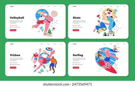 Summer Sports Activities set. Dynamic illustrations of volleyball, skateboarding, frisbee, and surfing. Enjoyment and participation in outdoor sports. Vector illustration.