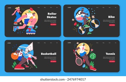 Summer Sports Activities set. Dynamic scenes of individuals engaged in roller skating, biking, basketball, and tennis. Recreational and competitive themes with vibrant backdrops. Vector illustration.