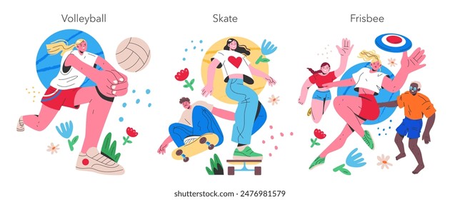 Summer Sports Activities set. Dynamic illustrations of individuals engaged in volleyball, skateboarding, and playing frisbee outdoors. Vector illustration.